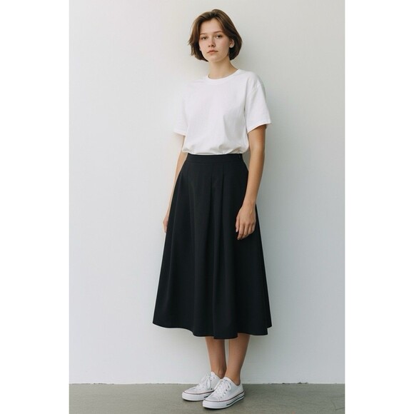 NWT Uniqlo Flared Pleated Midi Skirt Black Women's High Waisted Pockets Sz Large - Picture 12 of 16